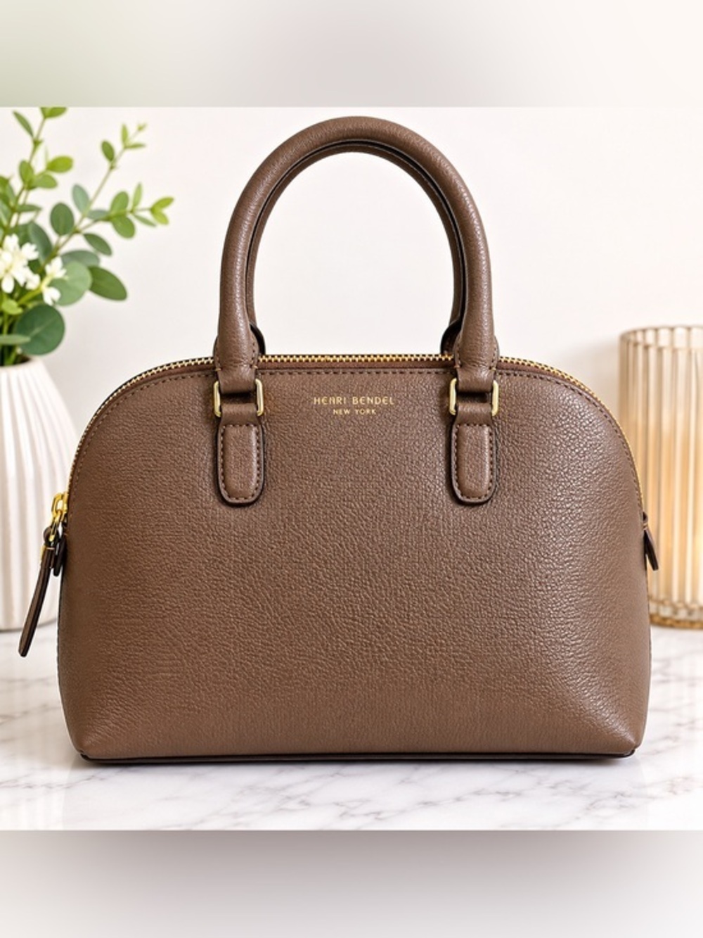 ✨ Henri Bendel Taupe Structured Dome Satchel Gold Hardware EUC